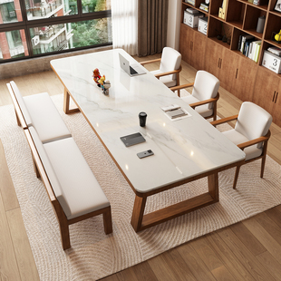 北欧实木岩板大书桌客厅长桌子工作台家用学习桌阅读桌餐书桌一体