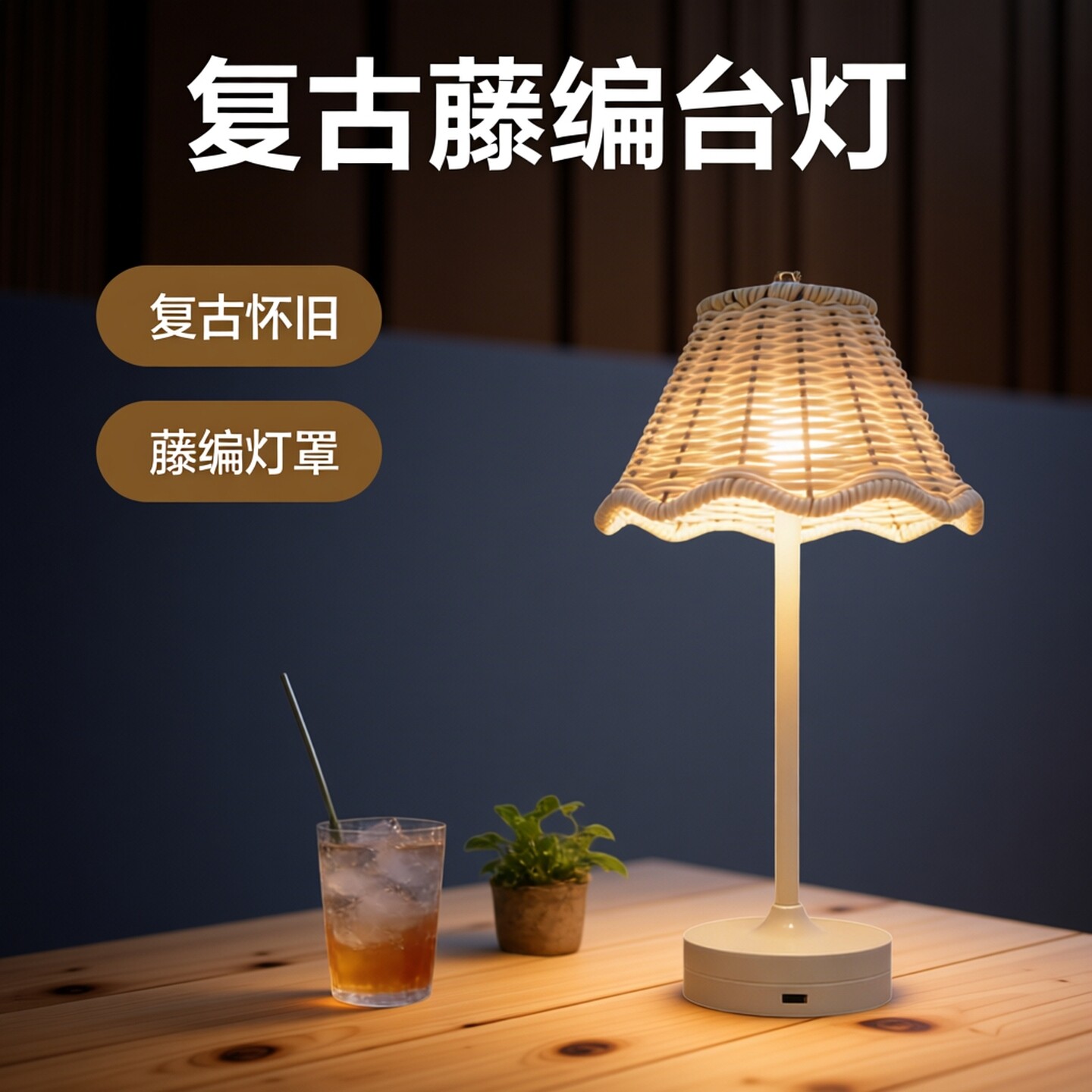 藤编台灯复古田园风餐厅户外装饰灯USB供电小夜灯酒吧餐厅氛围灯