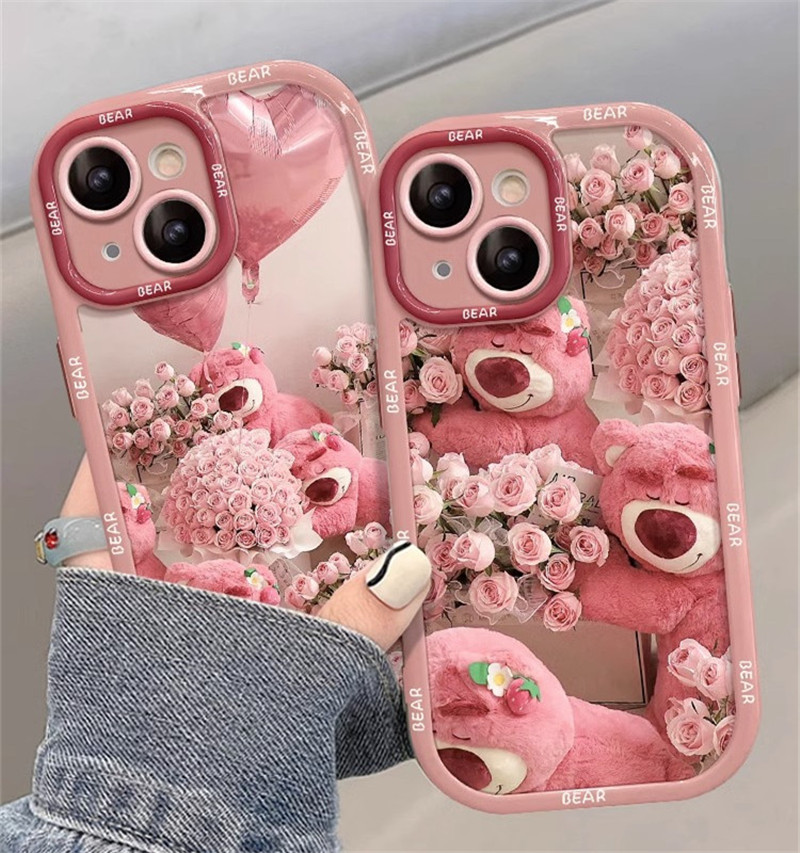 适用于 苹果14奶油手机壳iPhone 14ProMax透明硅胶全包防摔软壳苹果14 Pro少女心粉色草莓熊保护套