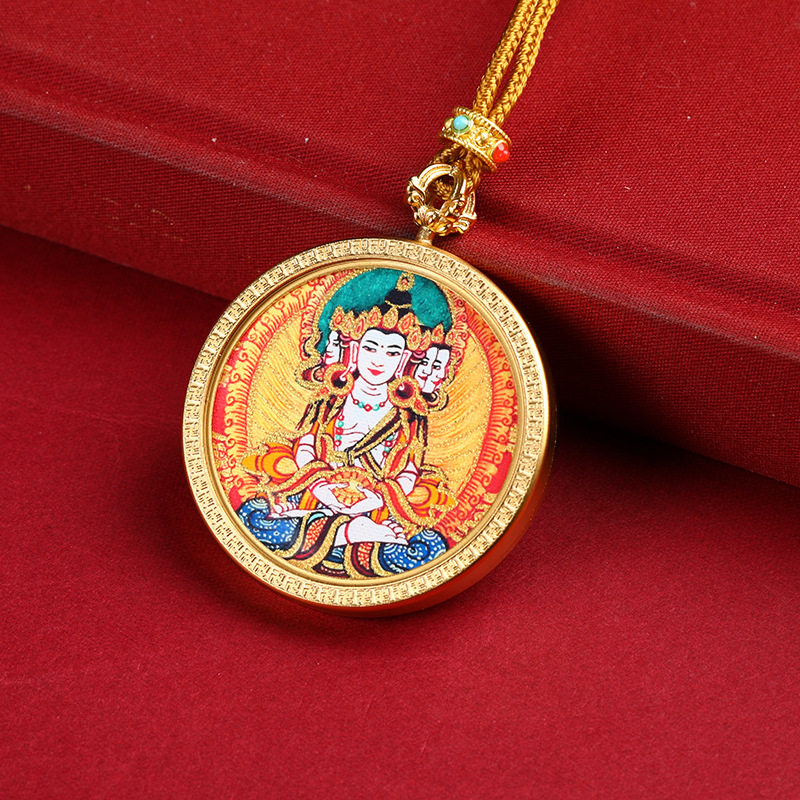 手绘描金新款藏式圆形五爷九尾狐轧机拉姆八大守护神唐卡项链吊坠