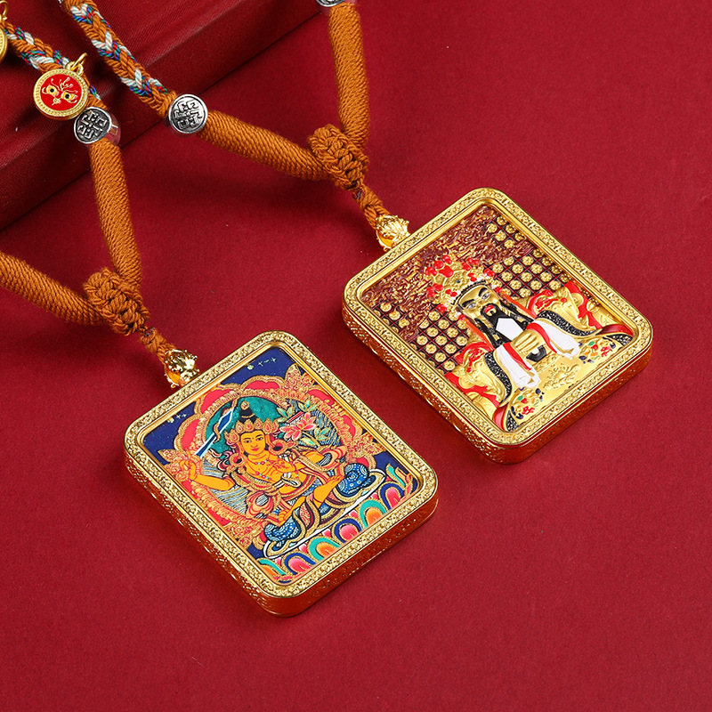 手绘描金唐卡双面龙八大守护神龙五爷项链立体唐卡嘎乌盒吊坠浮雕