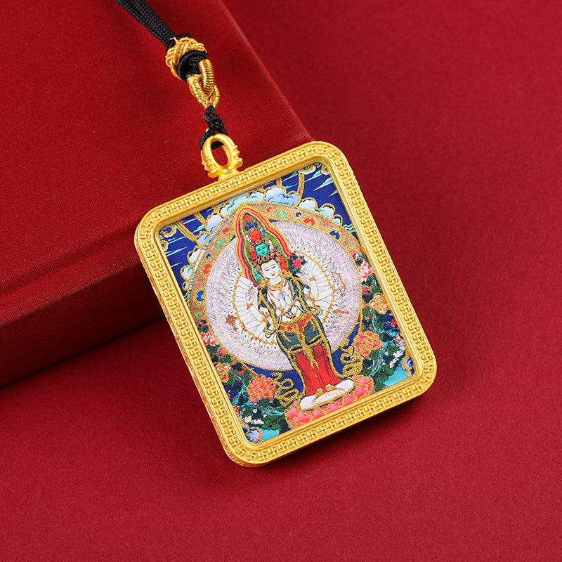 手绘描金唐卡大黑天千手观音吊坠五路财神挂件随身佛牌送挂绳
