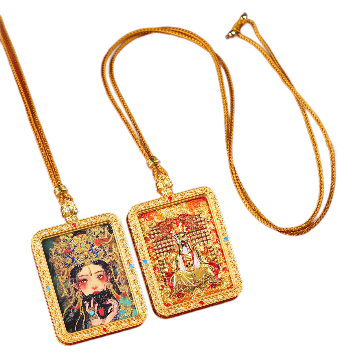 藏式唐卡半手绘描金前世今生扎基拉姆八大守护神双面唐卡项链吊坠
