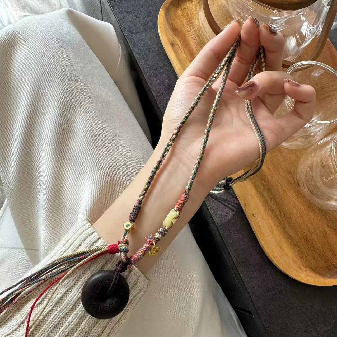 新中式山鬼花钱项链手搓棉线编织沉香平安扣编织绳吊坠项链复古小