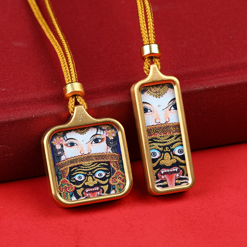 唐卡吊坠西藏手绘描金轧机拉姆前世今生黄财神观音小唐卡项链吊坠