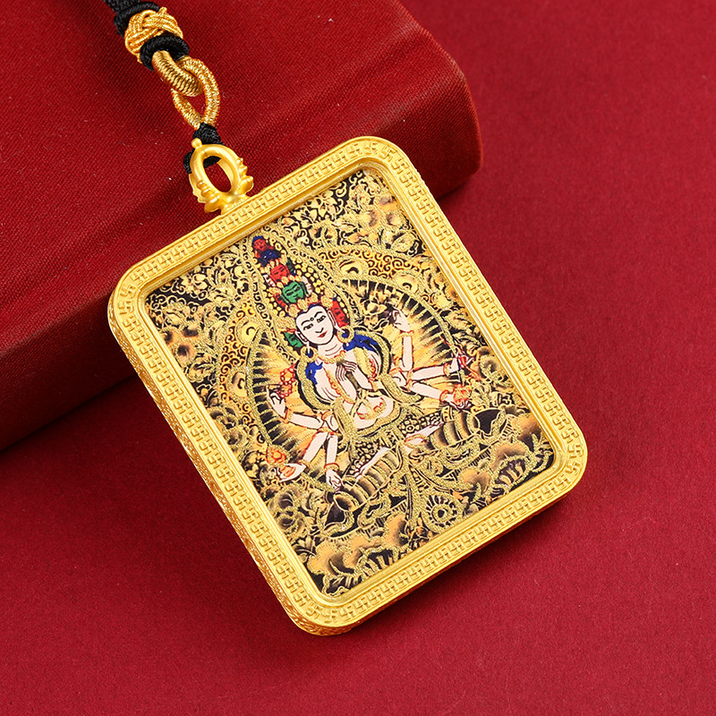 藏式半手绘描金唐卡五爷八大守护神十二生肖唐卡挂脖吊坠项链