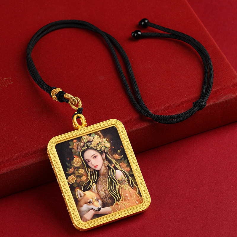 半手绘描金唐卡狐狸吊坠