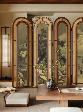 复古中式实木折叠藤编屏风隔断客厅沙发背景墙可移动茶室山水折屏