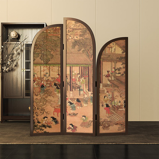 中古名画仕女阁楼图实木屏风隔断中式客厅玄关卧室书房可移动折屏
