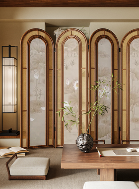 复古中式实木折叠藤编屏风隔断客厅沙发背景墙可移动茶室荷花折屏