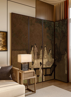 L形摆放折屏 宋代美学新中式实木折叠移动古画屏风隔断客餐厅玄关