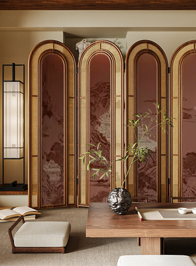 复古中式实木折叠藤编屏风隔断客厅沙发背景墙可移动茶室楼阁折屏