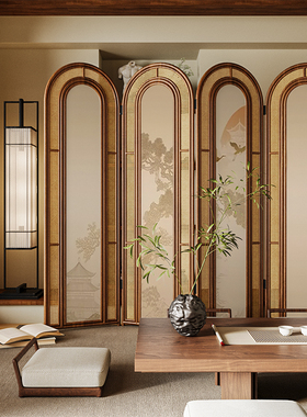 复古中式实木折叠藤编屏风隔断客厅沙发背景墙可移动茶室松树折屏