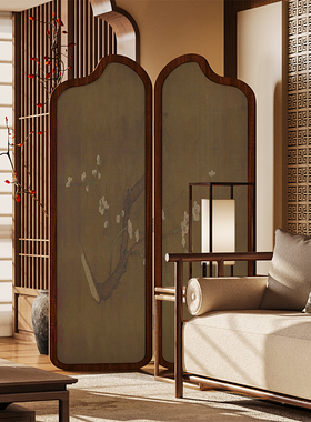 复古中式实木折叠屏风隔断客厅沙发背景墙可移动遮挡茶室古画折屏