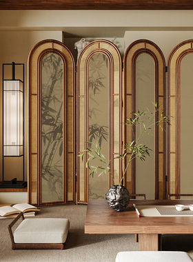 复古中式实木折叠藤编屏风隔断客厅沙发背景墙可移动茶室竹子折屏
