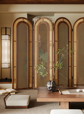 复古中式实木折叠藤编屏风隔断客厅沙发背景墙可移动茶室古画折屏