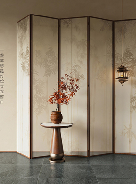 新中式双面屏风隔断客厅玄关折叠移动办公室酒店茶室背景折屏竹子