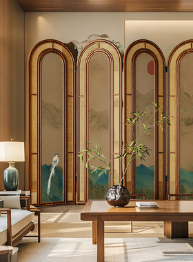 复古中式实木折叠藤编屏风隔断客厅沙发背景墙可移动茶室山水折屏