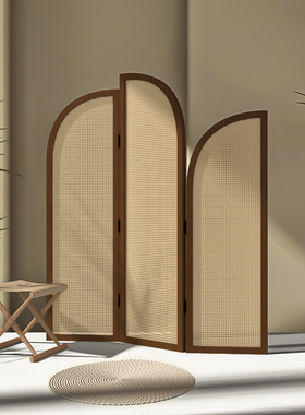 ins日式藤编屏风遮挡玄关隔断客厅实木民宿办公室新中式移动折屏