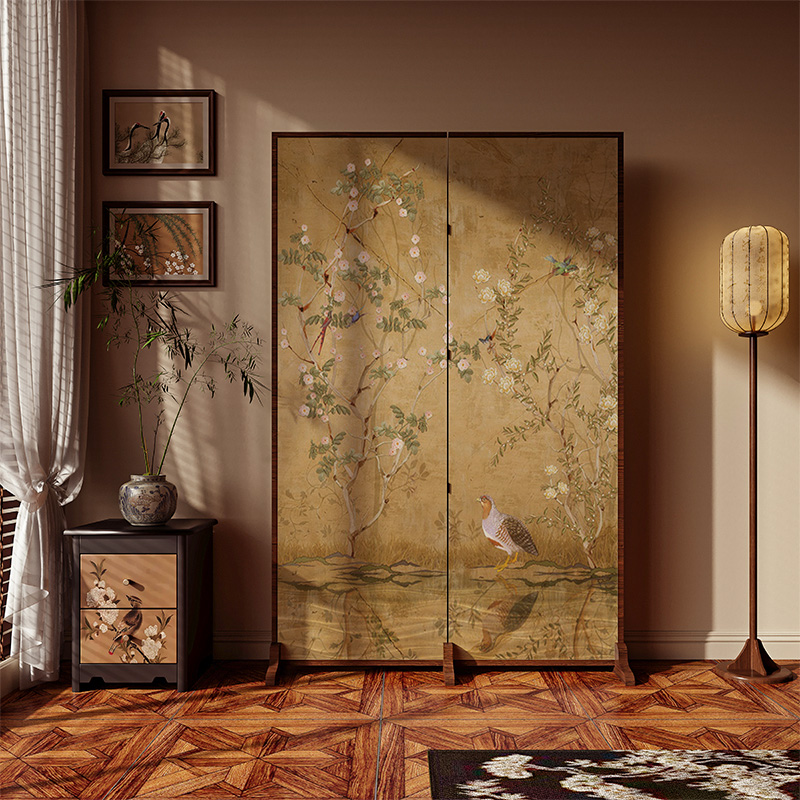 宋代美学新中式复古屏风隔断客厅移动玄关遮挡茶室卧室背景墙花鸟