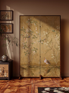宋代美学新中式复古屏风隔断客厅移动玄关遮挡茶室卧室背景墙花鸟