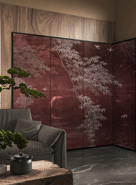 宋式美学新中式中国红花鸟屏风隔断客厅玄关茶室卧室背景实木折屏
