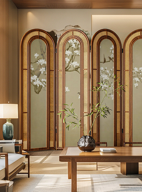 复古中式实木折叠藤编屏风隔断客厅沙发背景墙可移动茶室花鸟折屏