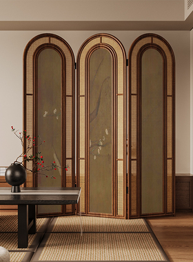 复古中式实木折叠藤编屏风隔断客厅沙发背景墙可移动茶室古画折屏