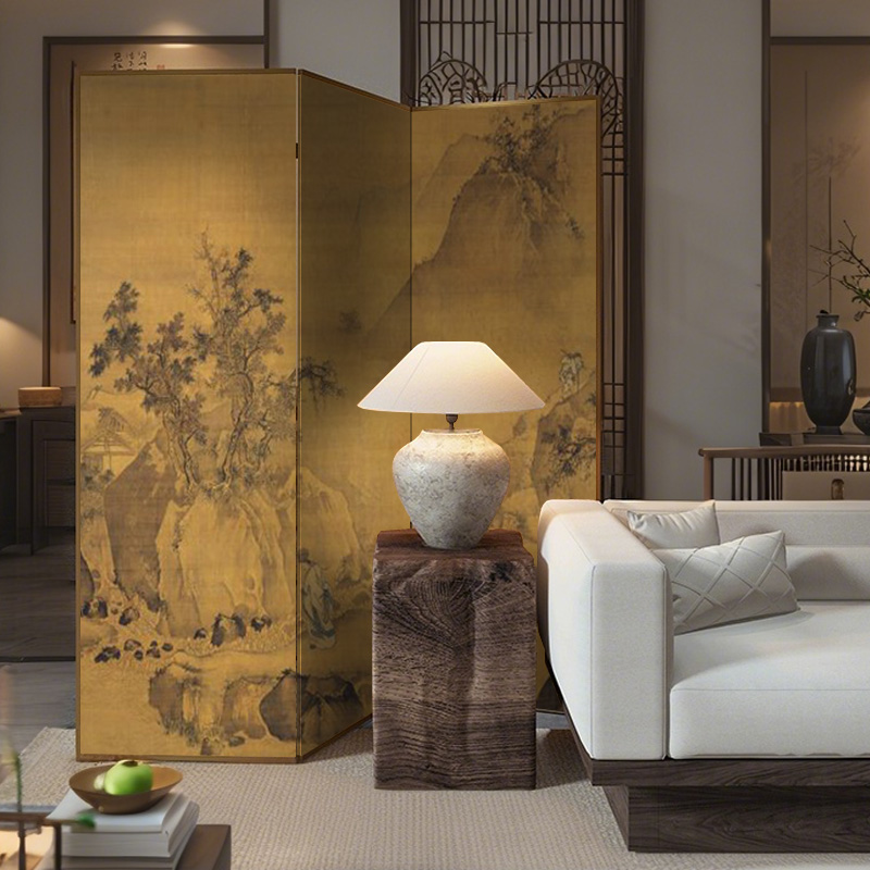 宋代美学新中式实木屏风隔断客餐厅卧室玄关茶室移动折屏古画山水
