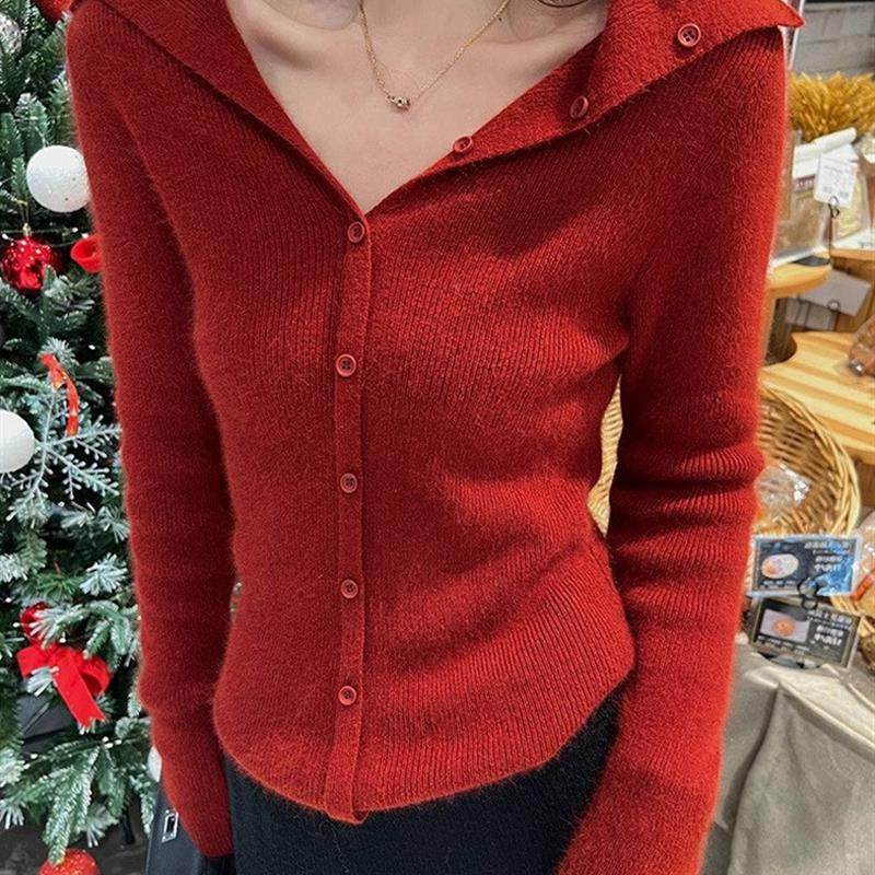 红色V领长袖内搭针织衫女2025年新款秋冬季设计感修身打底上衣服