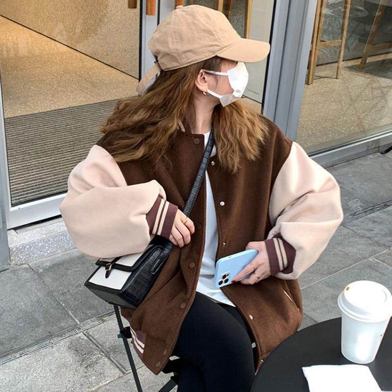美式复古棒球服外套女秋冬新款小个子学院风薄款宽松开衫夹克上衣