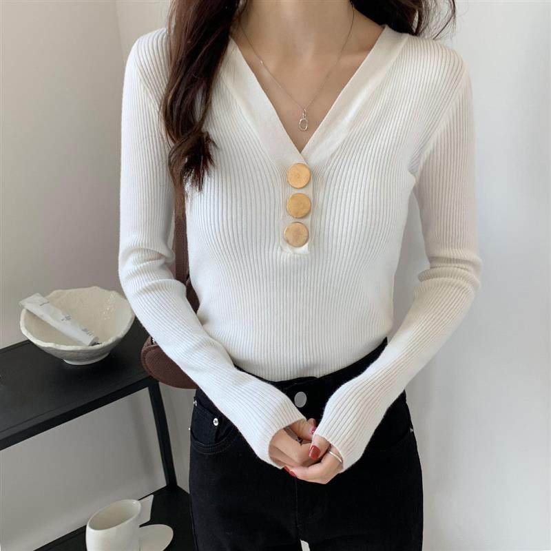 纯欲风V领针织打底衫女秋冬2025新款修身毛衣内搭显瘦上衣长袖冬