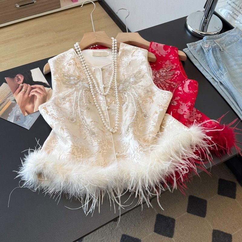 新中式春款重工立体提花镶嵌刺绣圆领盘扣可拆鸵鸟毛背心马甲上衣