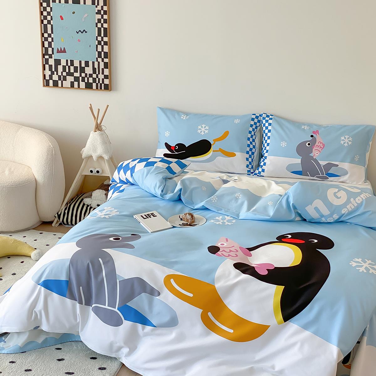 富山商店 x Pingu企鹅家族蓝色可爱robby海豹全棉磨毛床上四件套