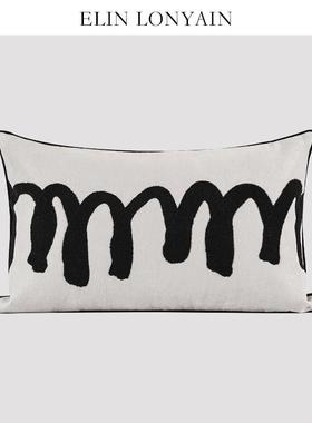 ELIN LONYAIN现代简约轻奢灰色麂皮绒抽象绣线靠垫抱枕样板房腰枕