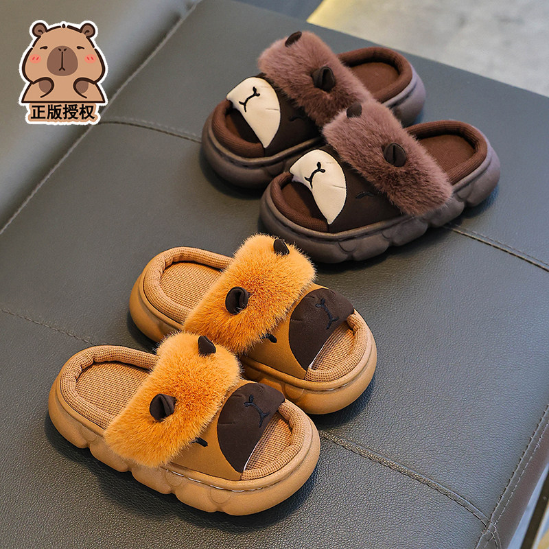 卡皮巴拉儿童亚麻拖鞋女童防滑室内软底宝宝亲子棉麻拖鞋居家毛拖