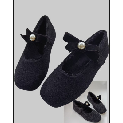 韩版童鞋2025女童冬季新款法式蝴蝶结公主皮鞋儿童玛丽珍加绒棉鞋