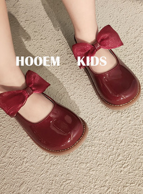 韩国童鞋2023女童春季新款韩版蝴蝶结公主小皮鞋儿童新年红色单鞋