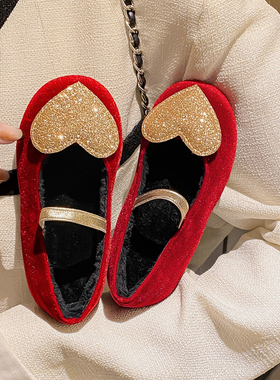 韩国童鞋2025秋冬季新款韩版爱心金丝绒公主皮鞋儿童新年红色单鞋