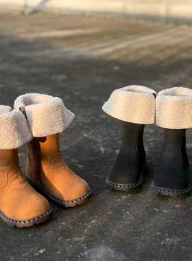 韩版童鞋2025冬季新款磨砂皮毛绒翻边雪地靴儿童加绒保暖中筒棉靴
