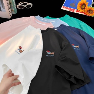 卡通小狗刺绣T恤男短袖 上衣潮牌冰丝半袖 夏季 宽松情侣装 新款 美式