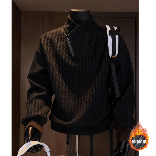 美式斜领拉链重磅卫衣男款春秋季加绒加厚鱼骨纹打底衫长袖T恤