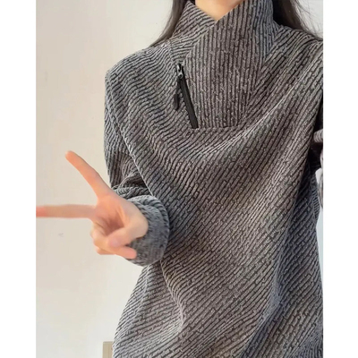 美式斜领拉链重磅卫衣男款秋冬季加绒加厚鱼骨纹打底衫长袖T恤