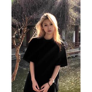 黑色纯棉重磅boxy短袖 小领口美式 潮牌宽松情侣五分半袖 t恤男夏季