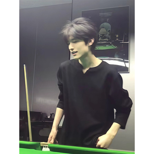 cleanfit黑色v领长袖t恤男秋季人夫肌理感卫衣高级感内搭打底上衣