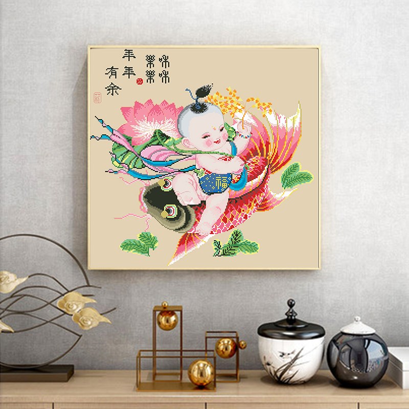 2021新款5d钻石画客厅满钻福娃荷花年年有鱼小幅小件点水晶十字绣