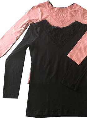 出口日单 秋冬薄款保暖内衣女款纯棉秋衣蕾丝V领紧身打底衫棉毛衫