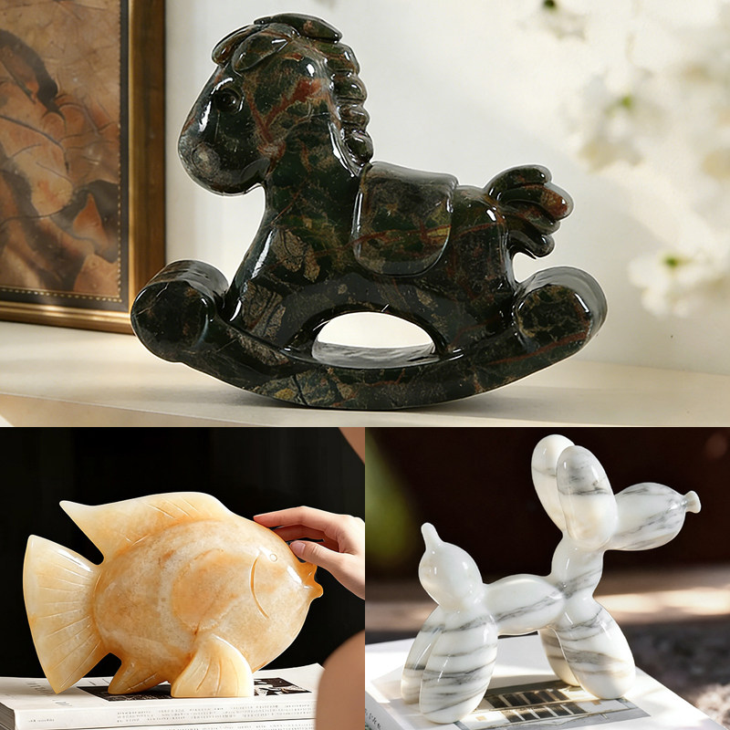 轻奢大理石摇摇马摆件招财球狗玉石鱼雕塑玄关壁柜桌面创意软装品,家居饰品,桌面摆件,淘宝优惠券,粉丝福利购,淘宝优惠卷