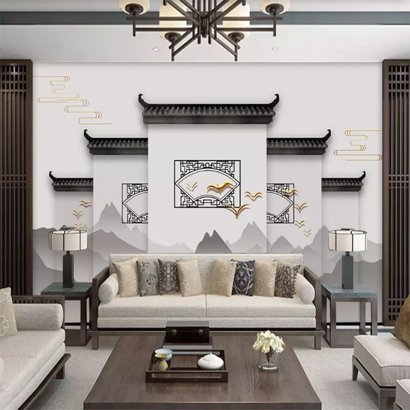 新中式徽派建筑马头墙水墨山水画9m装饰客厅沙发背景墙布壁画墙布