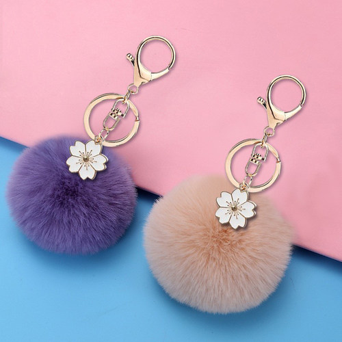 钥匙扣女生绒毛球仿獭兔紫荆花